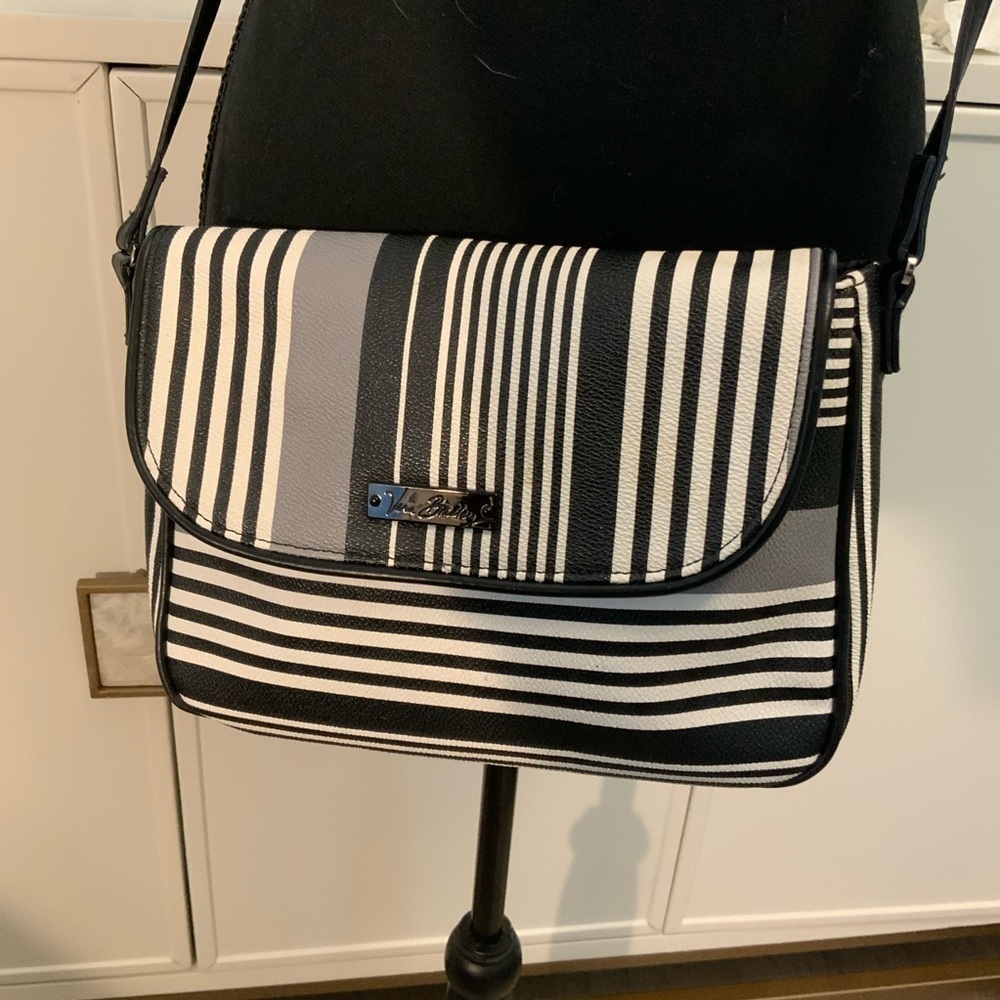 Vera Bradley Midnight Black White Gray Stripe Crossbody Bag Purse